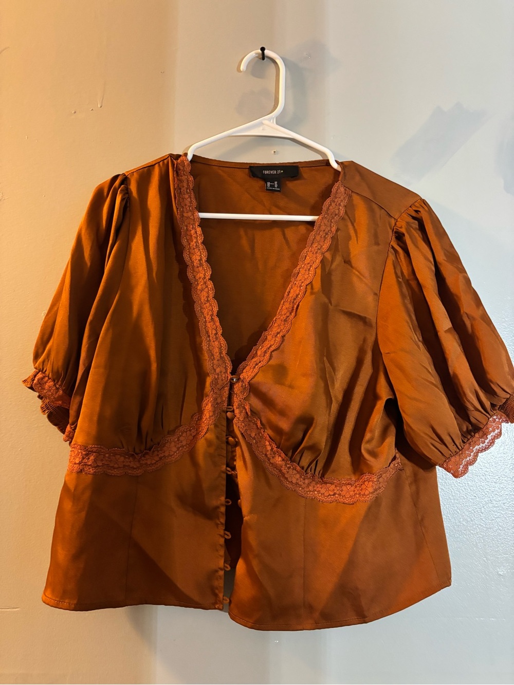 Forever 21 Rust Satin Lace-Trim Puff Sleeve Blouse